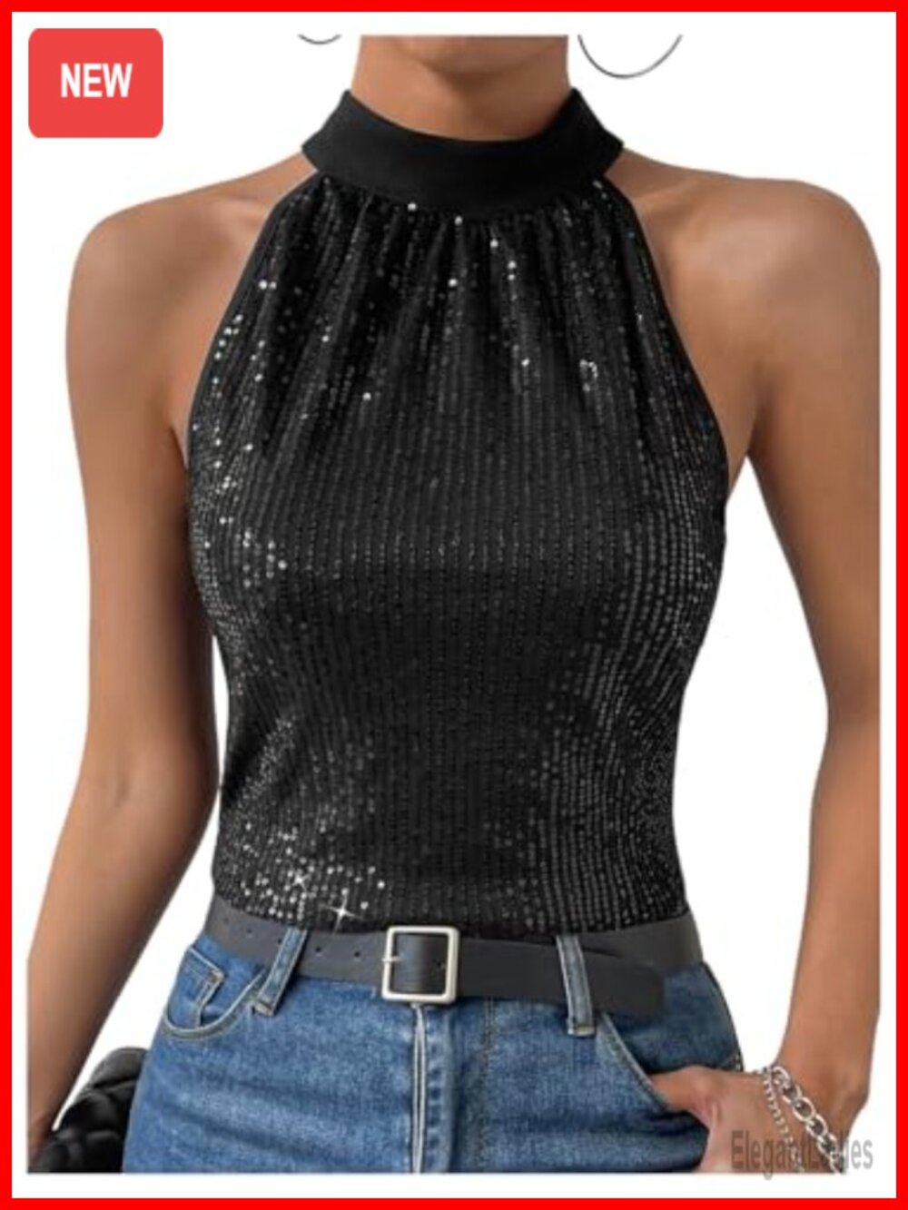 Sequin Halter Tie Back Sleeveless Tank Top Sparkly Party Top